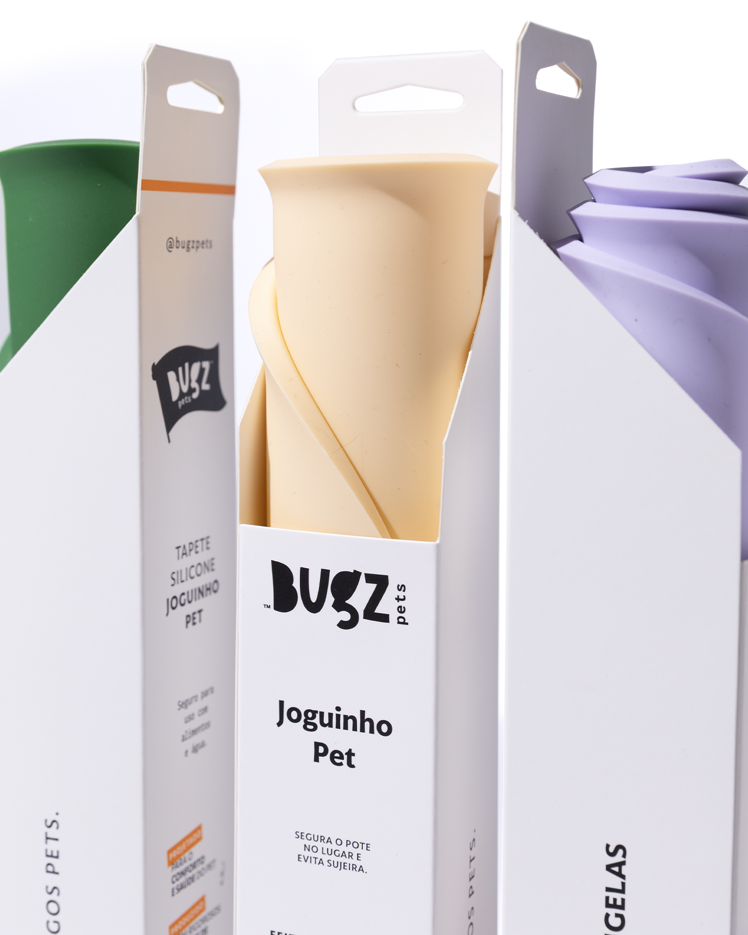 tapetinho de silicone para cães e gatos Bugz Pets nas cores verde escuro, amarelinho e roxo